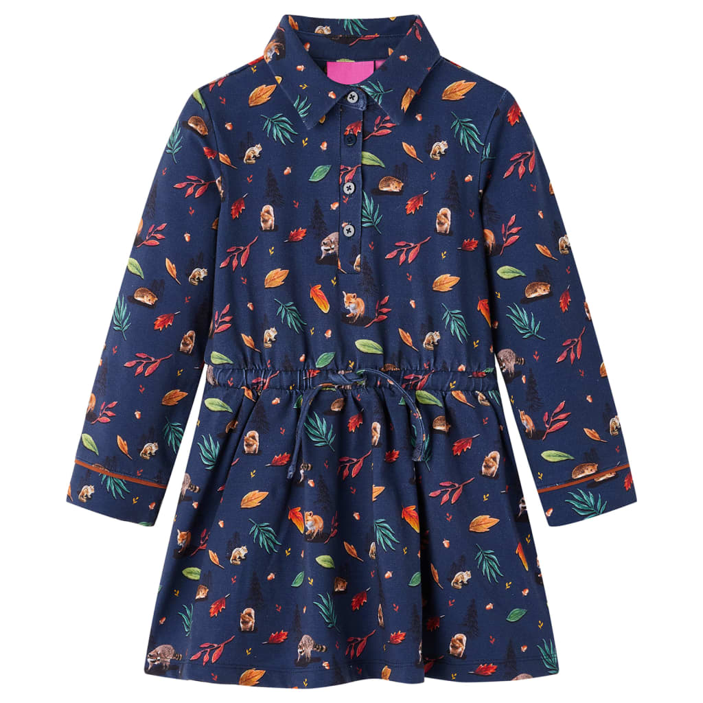 Kids' Dress with Long Sleeves Leaves Print Navy 104