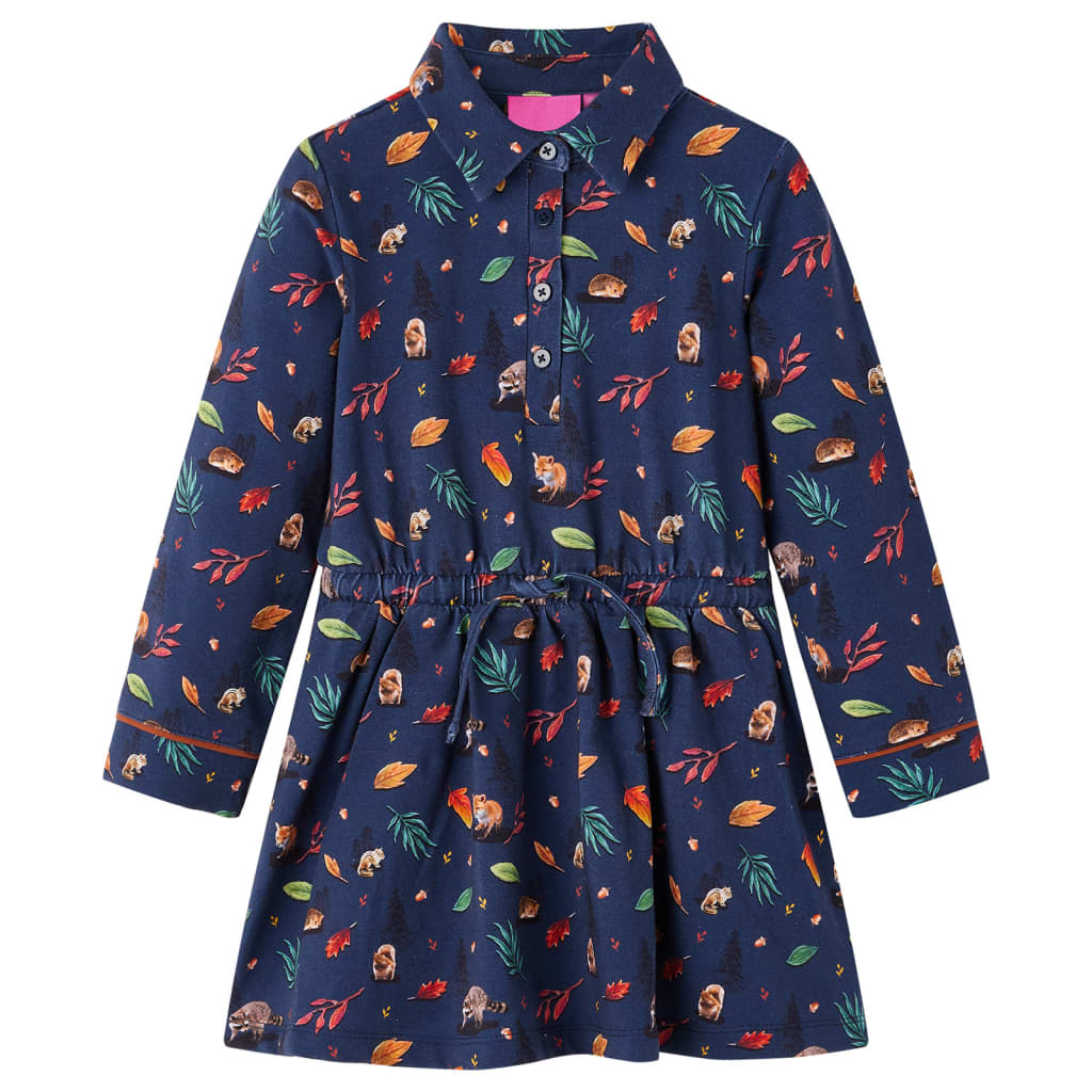 Kids' Dress with Long Sleeves Leaves Print Navy 128