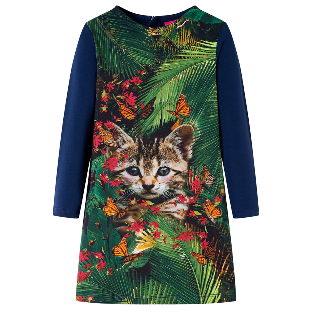 Kids' Dress with Long Sleeves Cat Print Navy 128
