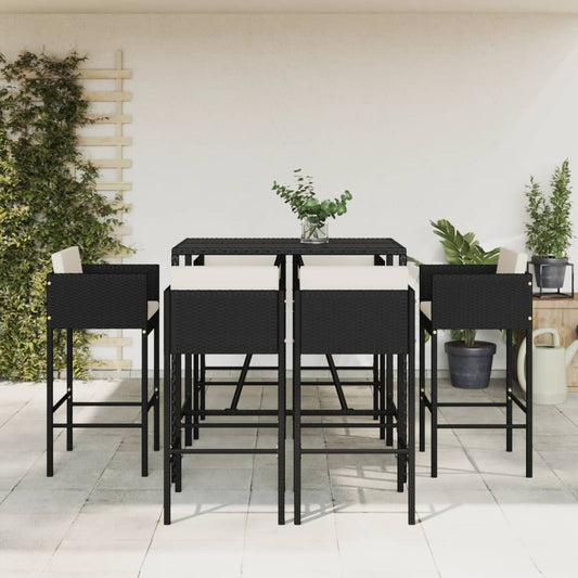 vidaXL 7 Piece Garden Bar Set with Cushions Black Poly Rattan