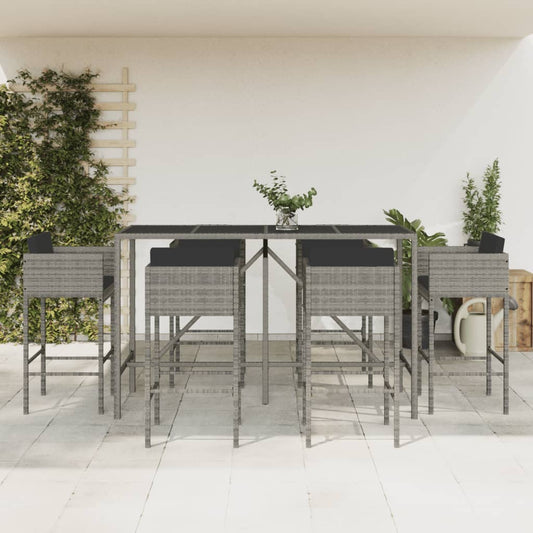 vidaXL 7 Piece Garden Bar Set with Cushions Grey Poly Rattan