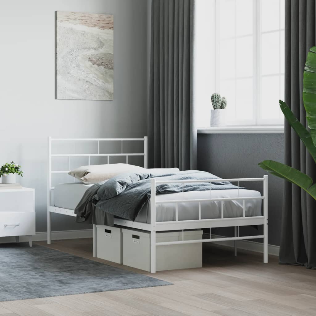 vidaXL Metal Bed Frame with Headboard and Footboard White 75x190 cm