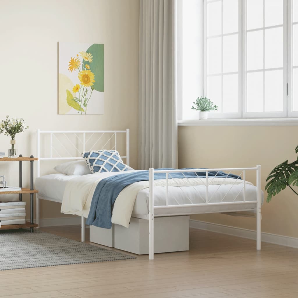 vidaXL Metal Bed Frame with Headboard and Footboard White 100x200 cm