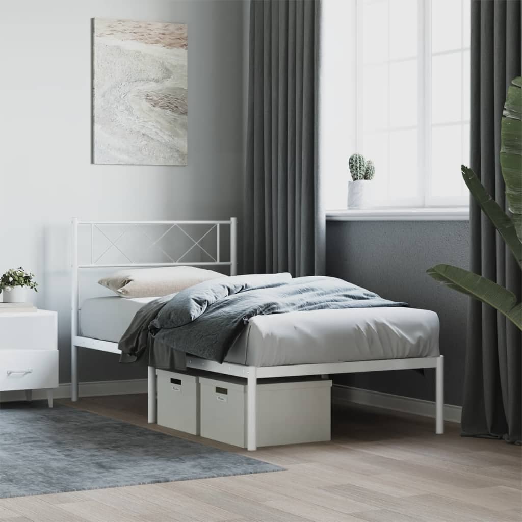 vidaXL Metal Bed Frame with Headboard White 90x200 cm