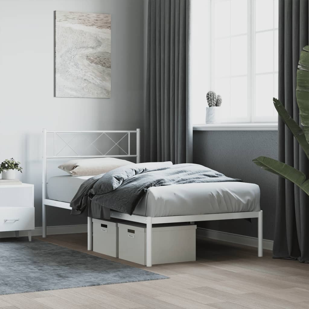 vidaXL Metal Bed Frame with Headboard White 100x200 cm