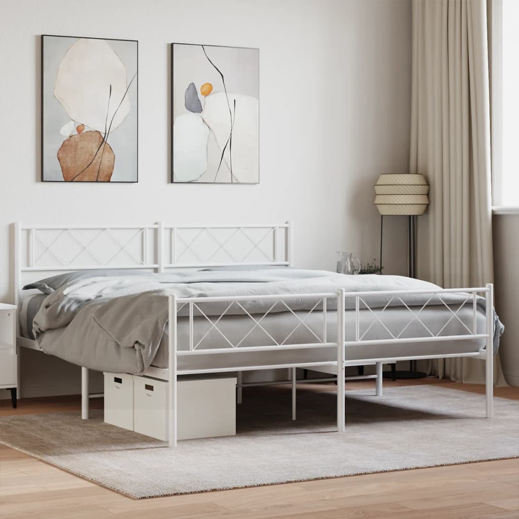 vidaXL Metal Bed Frame with Headboard and Footboard White 150x200 cm