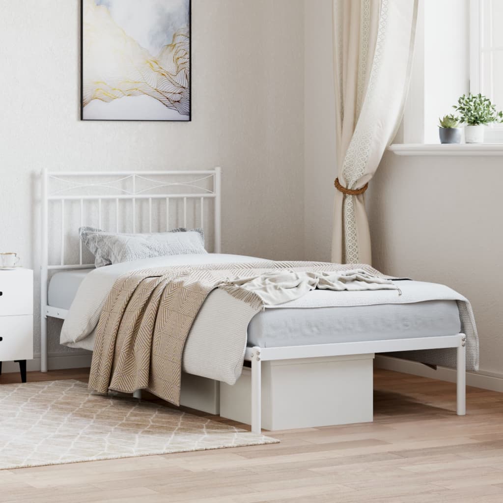 vidaXL Metal Bed Frame with Headboard White 90x200 cm