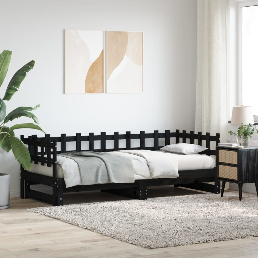 vidaXL Pull-out Day Bed Black 2x(90x200) cm Solid Wood Pine